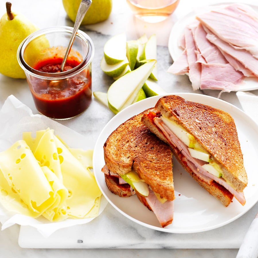 Chutney, Leg Ham, Nashi, and Swiss Cheese Toasties