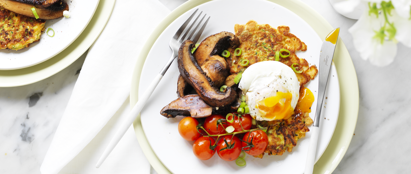 Zucchini fritters with sauteed mushrooms & poached egg 2