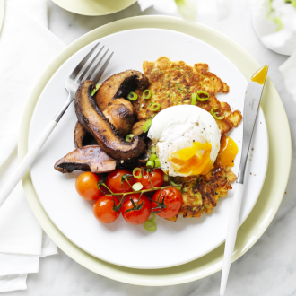 Zucchini fritters with sauteed mushrooms & poached egg preview